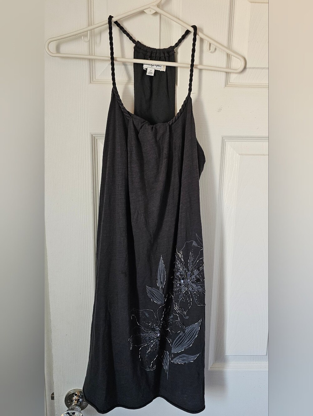 Vintage American Eagle Charcoal Gray Beaded Floral Halter Tank Dress - Size S/P